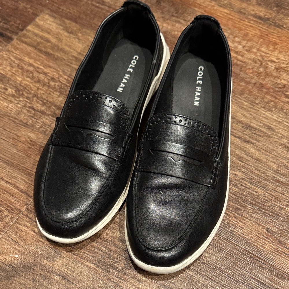 Cole Haan Black Leather Slip-On Loafers with White Sole